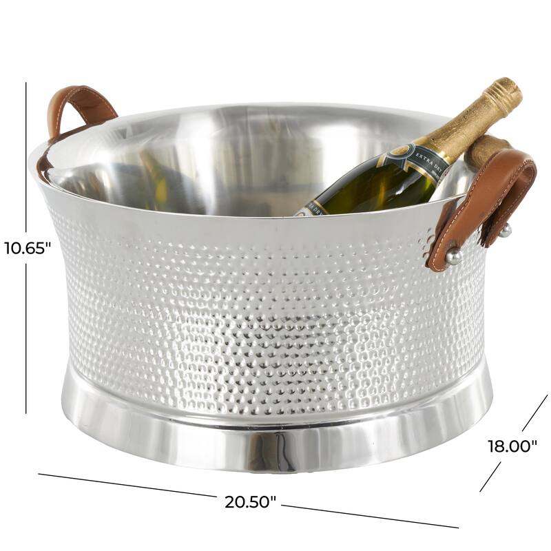 Silver Stainless Steel Metal Hammered Ice Bucket with Brown Leather Handles - 18"W x 21"L x 11"H