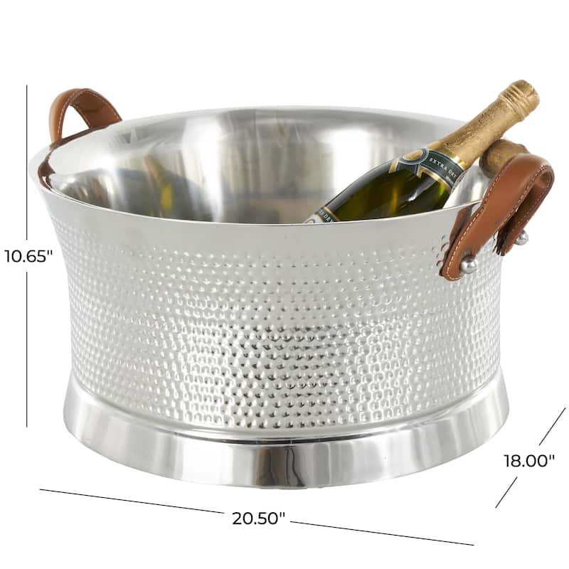 Stainless Steel Metal Hammered Ice Bucket with Brown Leather Handles - Silver - Roche River Decor - 18"W x 21"L x 11"H