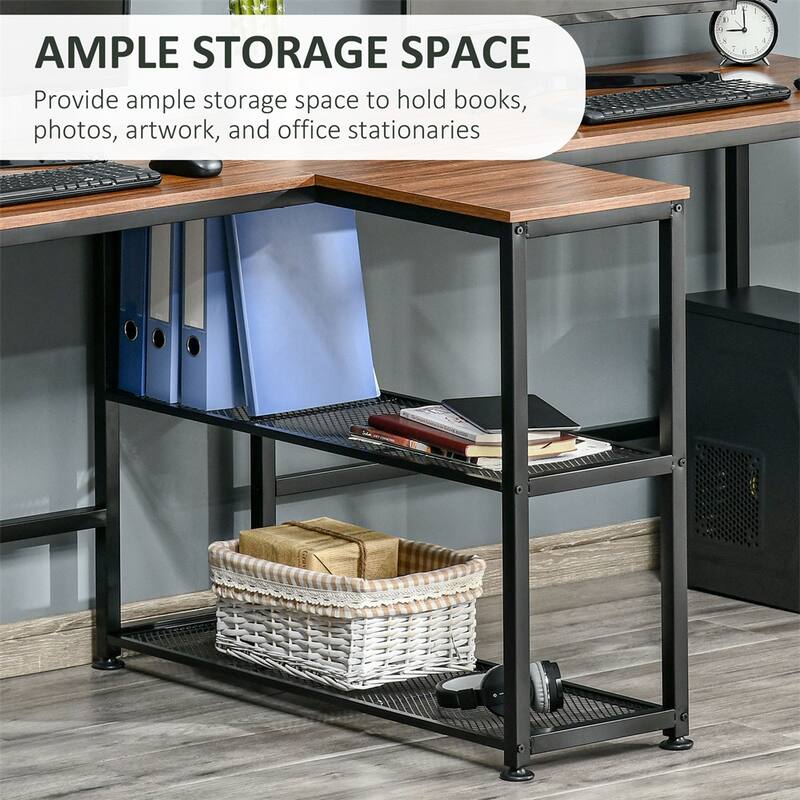 Double Workstation Desk with Storage Shelves Two Person Computer Table with Steel Frame for Home Office Study Room