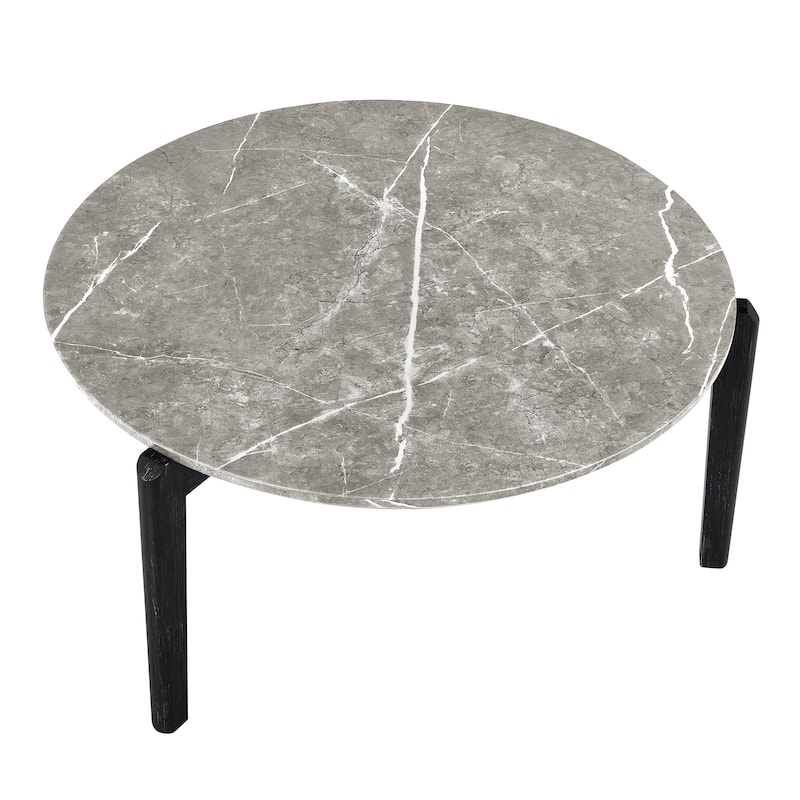 Living Room Coffee Table,36 Inch Round Small Coffee Table,Imitation Marble Tabletop With Rubber Wood Legs,Wooden Coffee Table