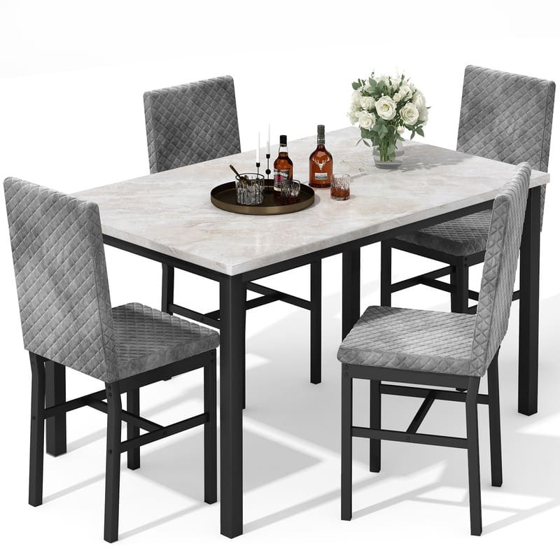 Grondin 5-Piece Dining Room Table Set with Faux Marble Table Top and Diamond Stitching Velvet Upholstery Dining Chairs