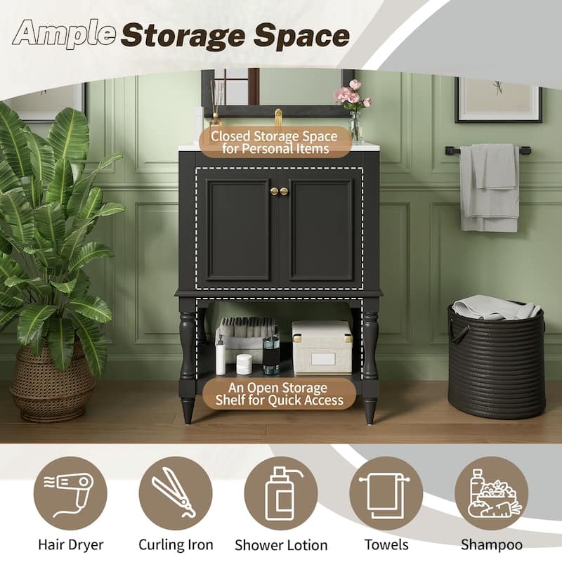 24" Modern Luxury Bathroom Vanity with Ceramic Sink, Freestanding Cabinet with Open Shelf and Enclosed Storage