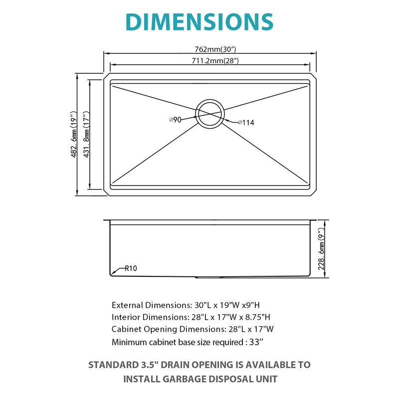 30" Undermount Kitchen Sink 30*19*9 inch Single Bowl 16 Gauge Stainless Steel Ledge Workstation Kitchen Sinks