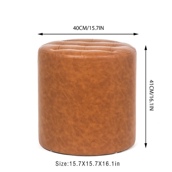 dimension image slide 6 of 7, Adeco Round Ottoman Upholstered Tufted Faux Leather Footrest