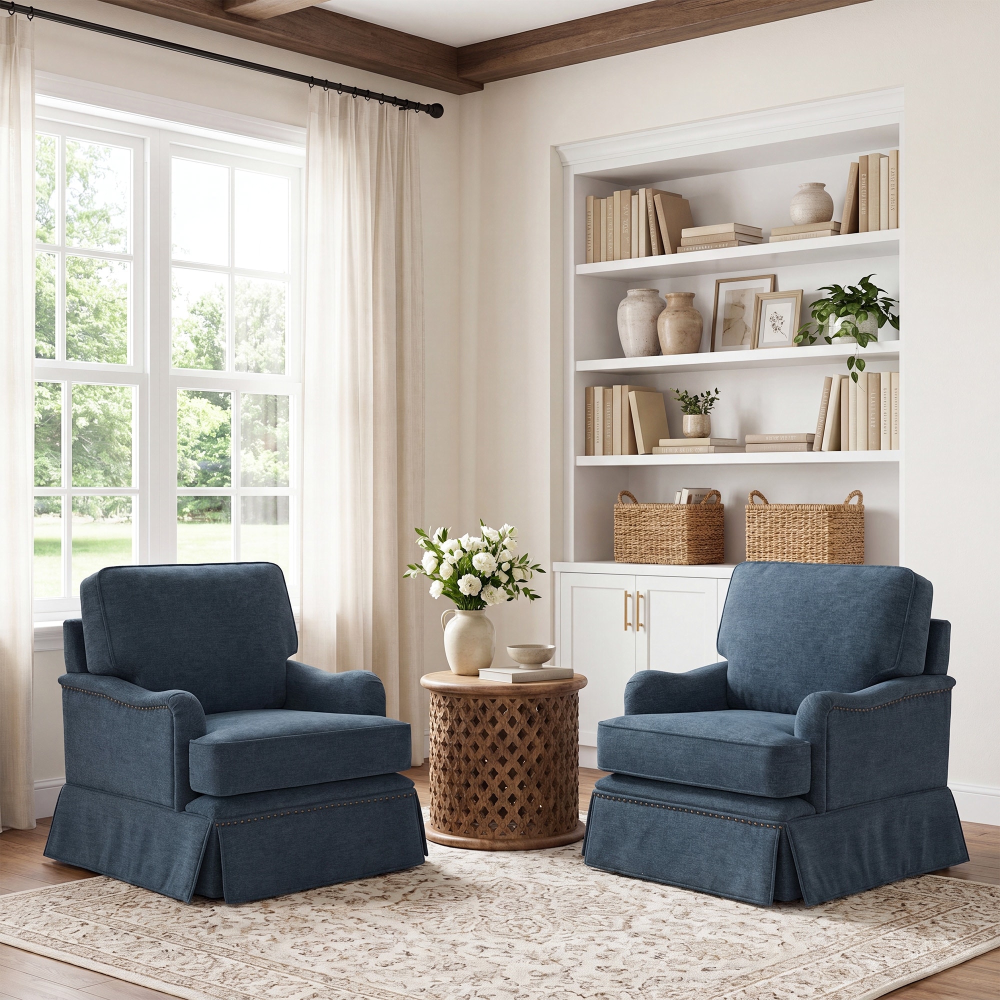 Set of 2 Chenille Swivel Accent Chair with Nailhead Trim Skirt