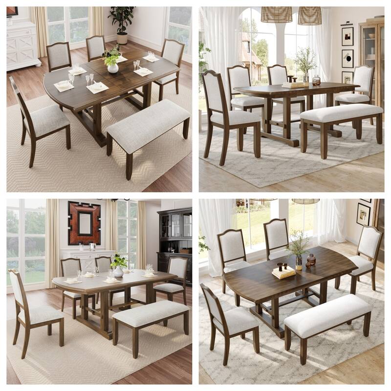6 Piece Extendable Wood Dining Table Set w/ 4 Upholstered Chair,Bench