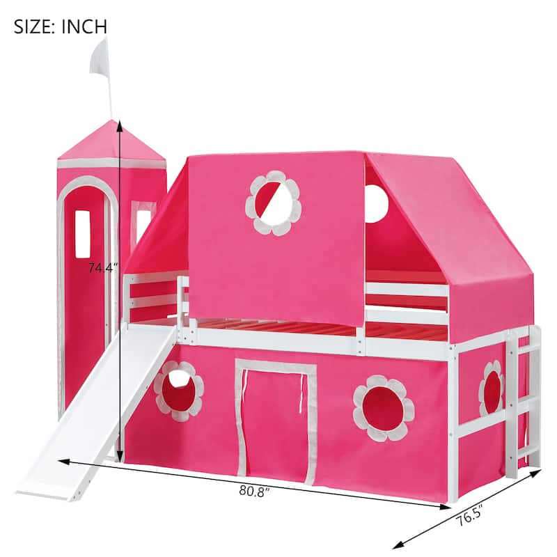 Kids Loft Bed Bed Castle-Shaped Bunk Bed with Slide and Safety Guardrail, Playhouse Bed with Tent & Tower Decor for Kids