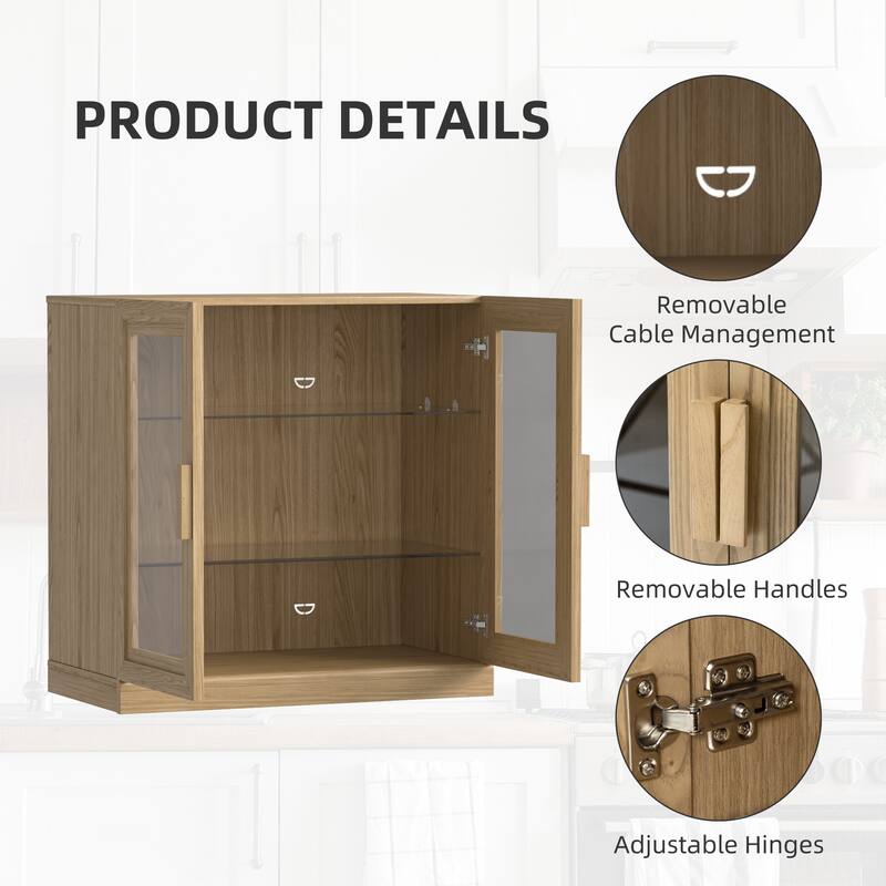 62"LX31"H Solid Wood Kitchen Pantry Sideboard Buffet Cabinet Storage with Glass Doors