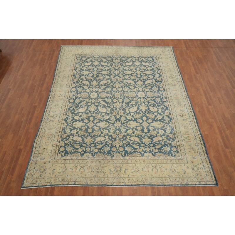 Hand Knotted Oriental 100% Wool Carpet Traditional All-Over Navy Blue & Blues Tabriz Area Rug - 12' 7'' X 9' 8''