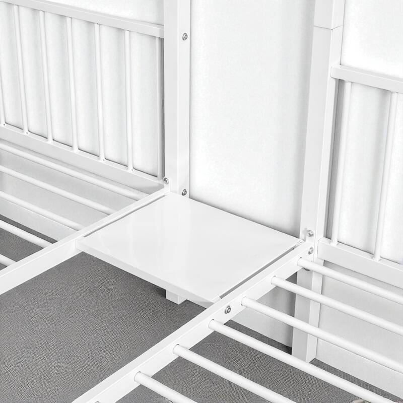 Full Over Twin & Twin Metal Triple Bunk Bed with Guardrails, Storage Drawers and Shelf, Convertible to 3 Beds