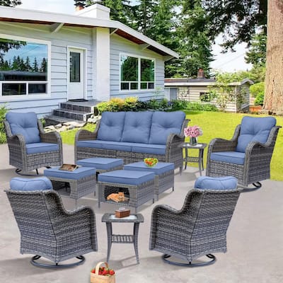 11 Piece Rattan Wicker Outdoor Patio Furniture with Swivel Chairs Set