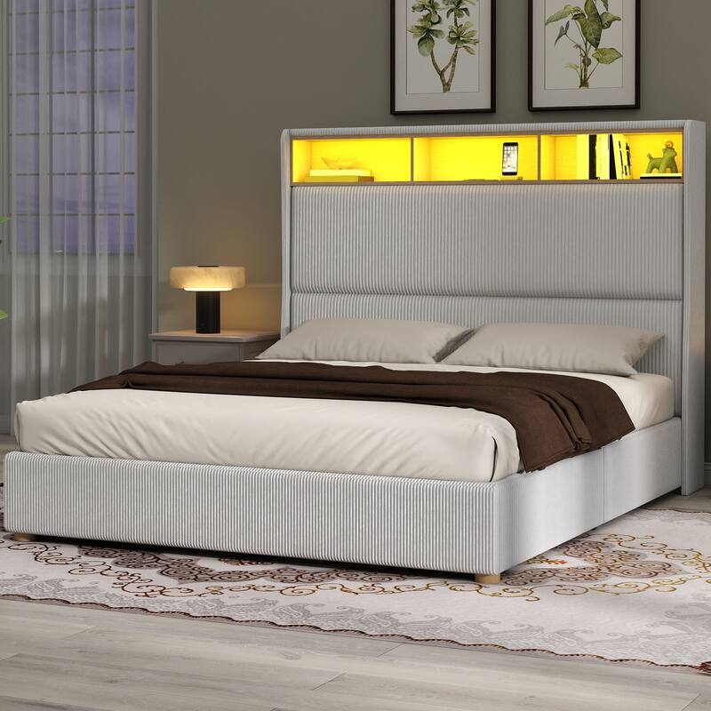 53'' Tall Storage Wingback Headboard, Corduroy Upholstered Platform Bed Frame with Charging Station and RGB LED Lights