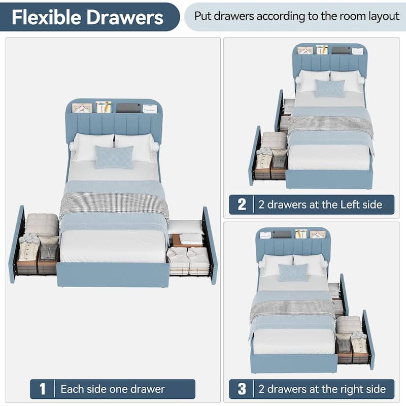 Bed Frame with 2 Drawers, Boucle Upholstered