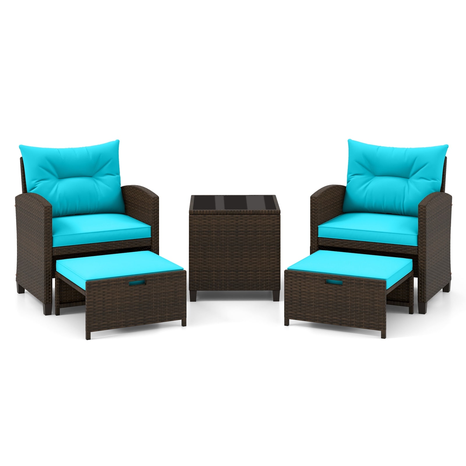 Gymax Set of 5 Patio Rattan Furniture w/ 2 Wicker Ottomans & Tempered