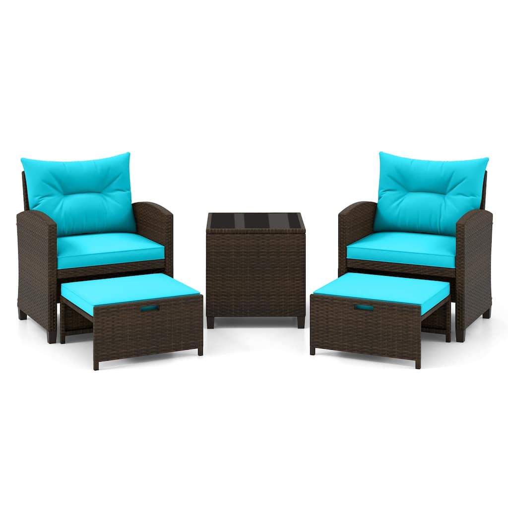 Gymax Set of 5 Patio Rattan Furniture w/ 2 Wicker Ottomans & Tempered