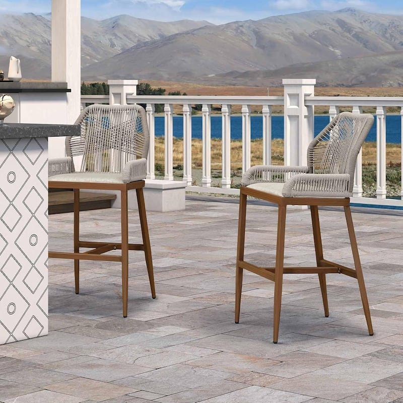 PURPLE LEAF Outdoor Bar Stools Chair Set of 2, All Weather Rattan and Aluminum Patio Bar Stool with Cushion - Alabaster-Height stool