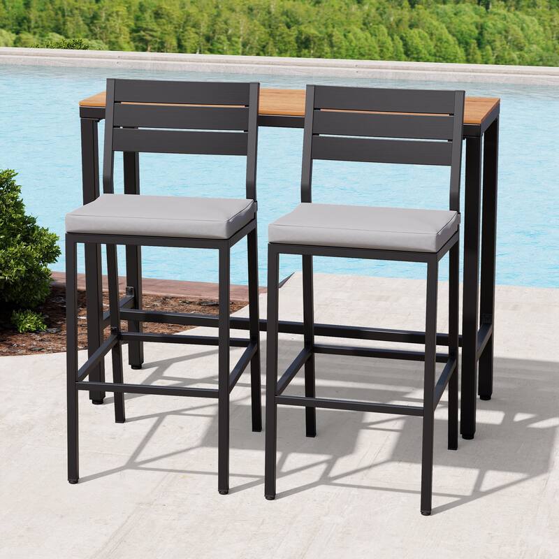 Outdoor Patio Bar Stools Set Rectangle Bar Table and Barstools with Cushion - N/A - Brown Table with Light Grey Cushion Chairs