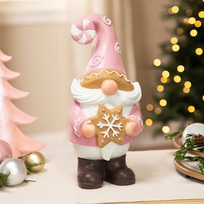Christmas Gnome Holding Gingerbread Snowflake Cookie Decoration - 11.5" - Pink