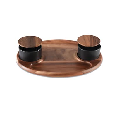 Charcuterie/ Serving Tray w/ 2 black ceramic bowls w/ lids