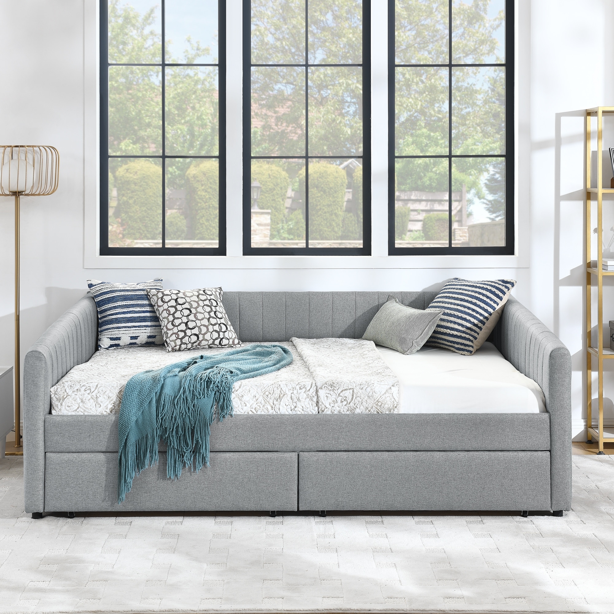 Roomfitters Queen Upholstered Daybed with Trundle and Storage Drawers, Vertical Striped Linen Sofa Bed