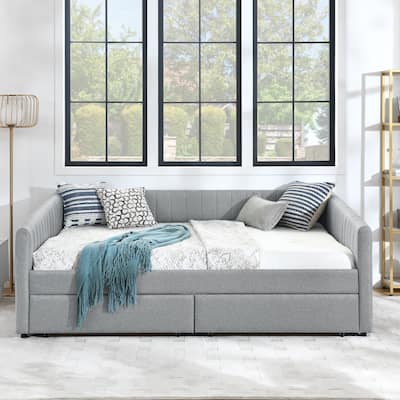 Vertical Stripes Daybed, Queen Upholstered Sofa Bed Frame with 2 Drawers, Living Room Linen Fabric Day Bed, Wood Slat Support