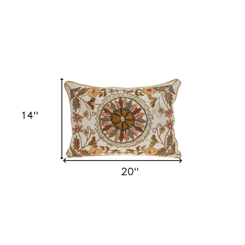 HomeRoots 14" X 20" Beige Zippered 100% Cotton Throw Pillow With Embroidery