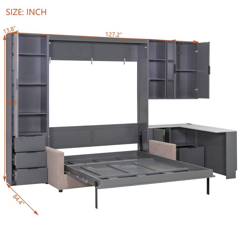 Queen Wall Murphy Bed with Hydraulic Lift Storage, Sofa, Shelves, Drawers, LED & USB Lighting for Small Spaces