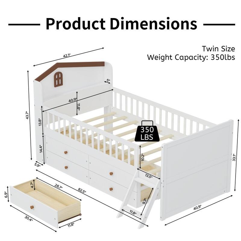 Twin Size Kids House Bed Frame with Storage Headboard and 4 Drawers, Wooden Platform Bed with Guardrail and Small Ladder