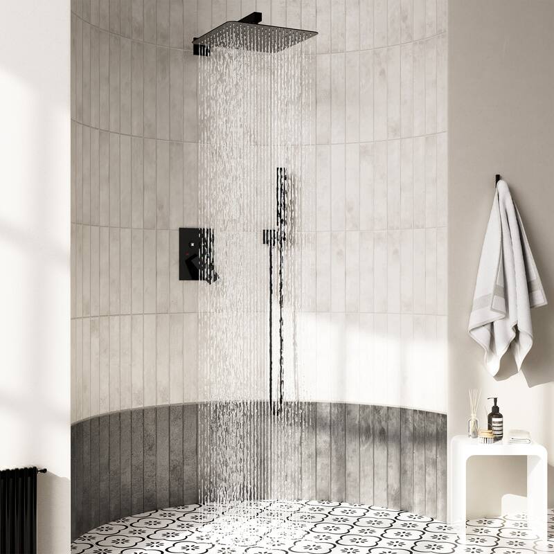 2-Spray Square 12 in. Dual Shower Head Wall Mount Fixed and Handheld Shower Head in Matte Black Valve Included - 12" x 12"