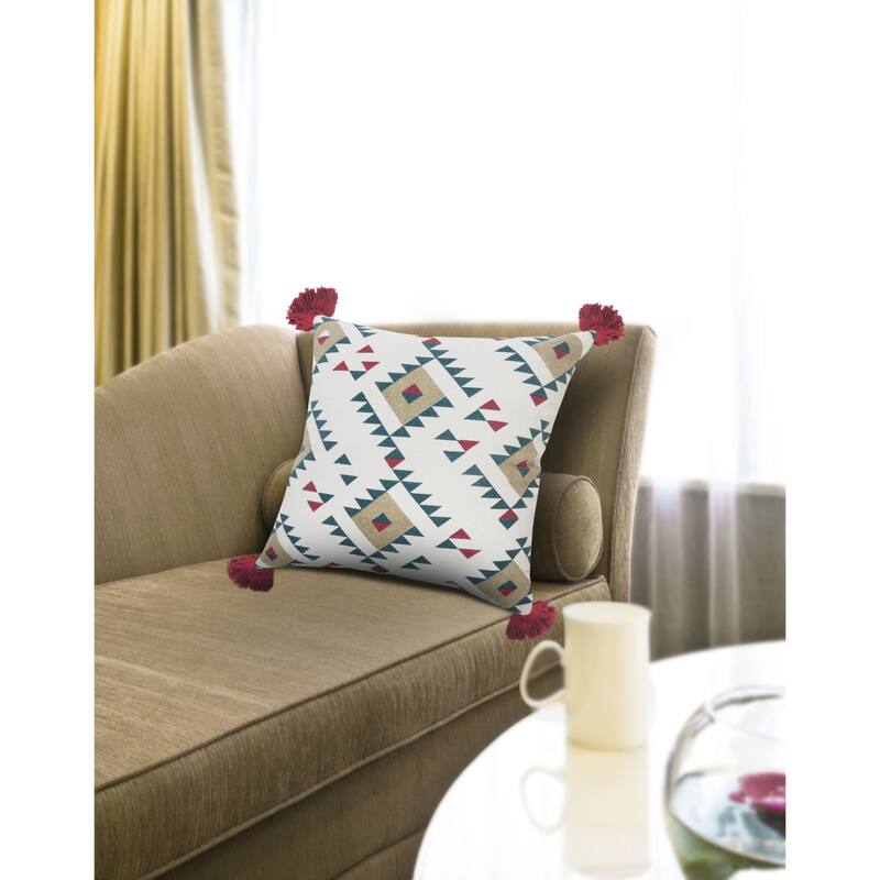 20" White and Green Eclectic Southwestern Square Throw Pillow