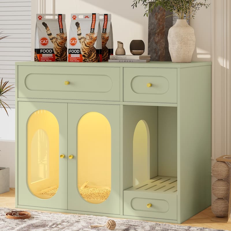 Anmytek Hidden Cat Litter Box Enclosure Furniture with LED Light and Storage Drawers Green Pet House and End Table - Green