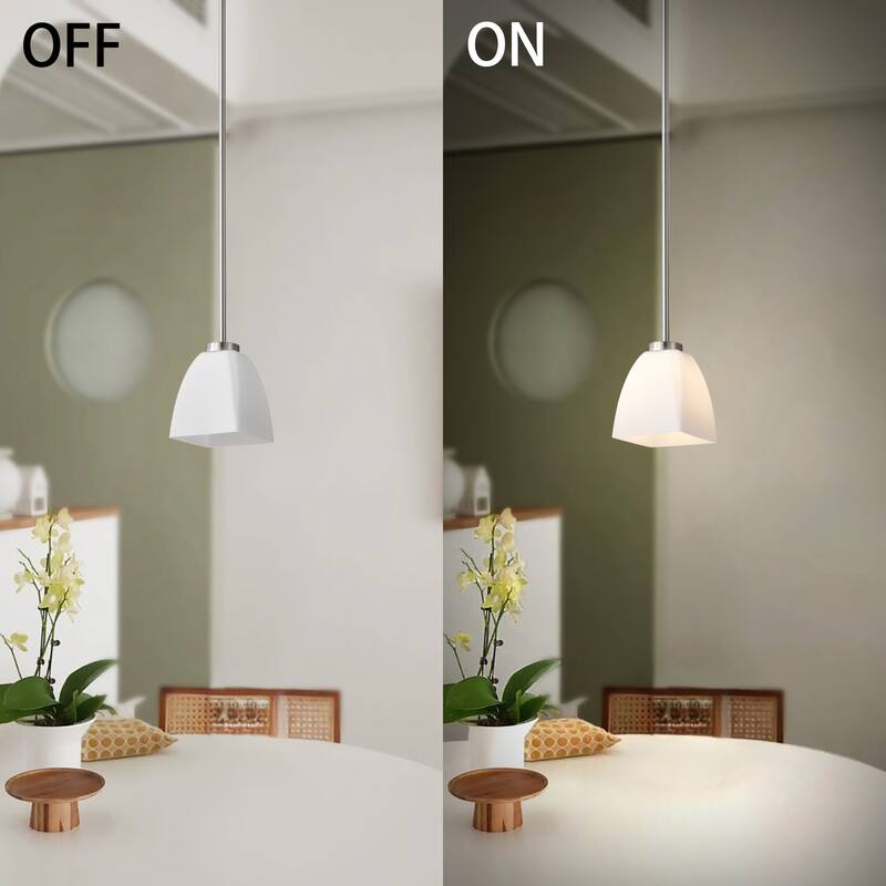 1-Light Brushed Nickel Mini Pendant with Pyramid Shaped Etched White Glass Shade