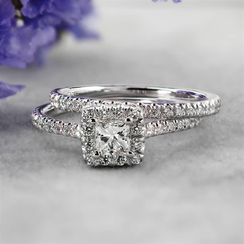 Auriya 14k Gold 1ctw Princess-cut Halo Diamond Engagement Ring Set