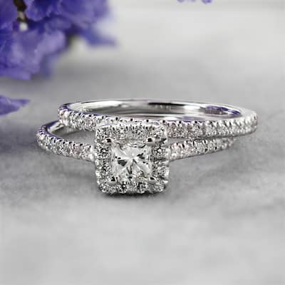 Auriya Platinum 1ctw Princess-cut Halo Diamond Engagement Ring Set
