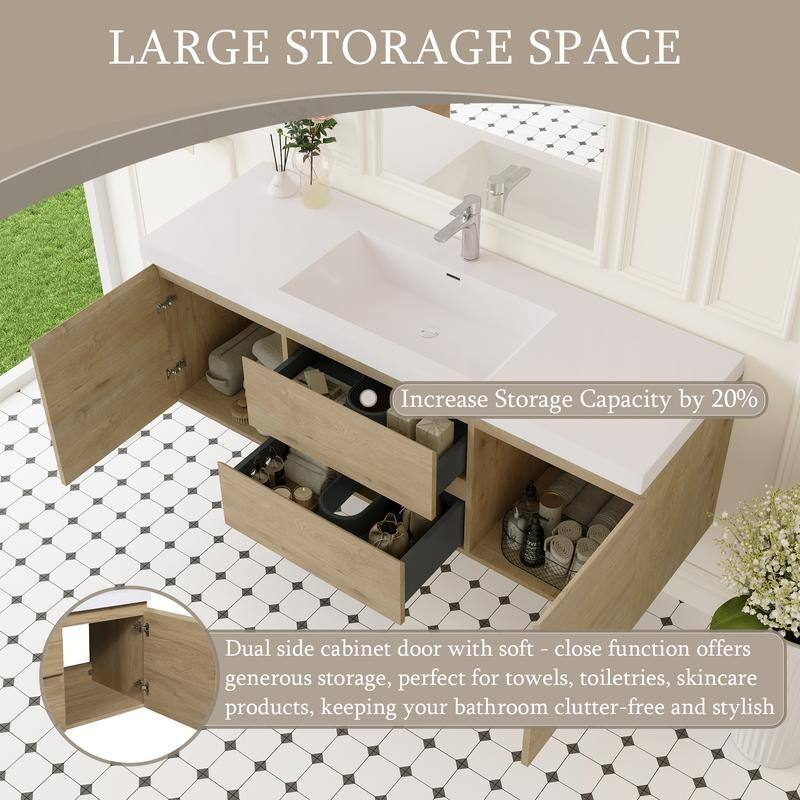 ABRUZZO 60" Floating Bathroom Vanity with Integrated Resin Top Basin 2 Cabinets 2 Soft Close Drawers Full Assembly