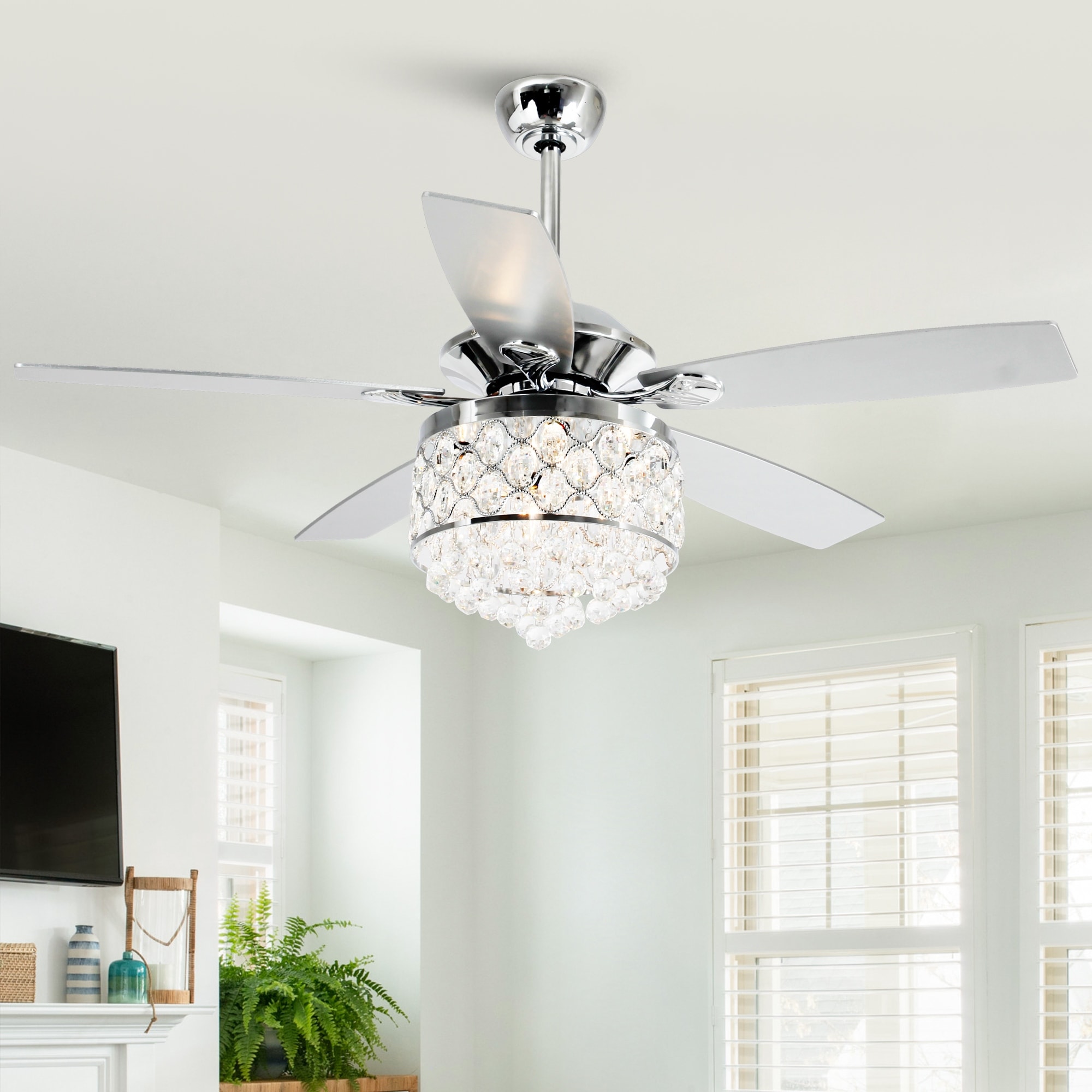 52" Modern Chrome Crystal Reversible Chandelier Ceiling Fan with Light and Remote - 52 in