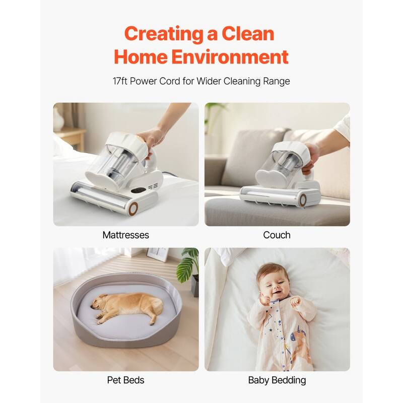 Mattress Vacuum Cleaner with 550W Motor, 18KPa Suction - 10.6 x 9.1 x 8.3 in