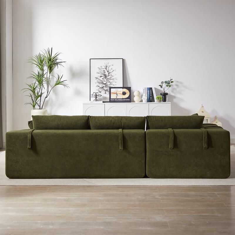 Chenille Upholstered Sectional Daybed Modular Sleeper Couch L Shape Sofa with Chaise Lounge & 6 Pillows for Living Room Loveseat