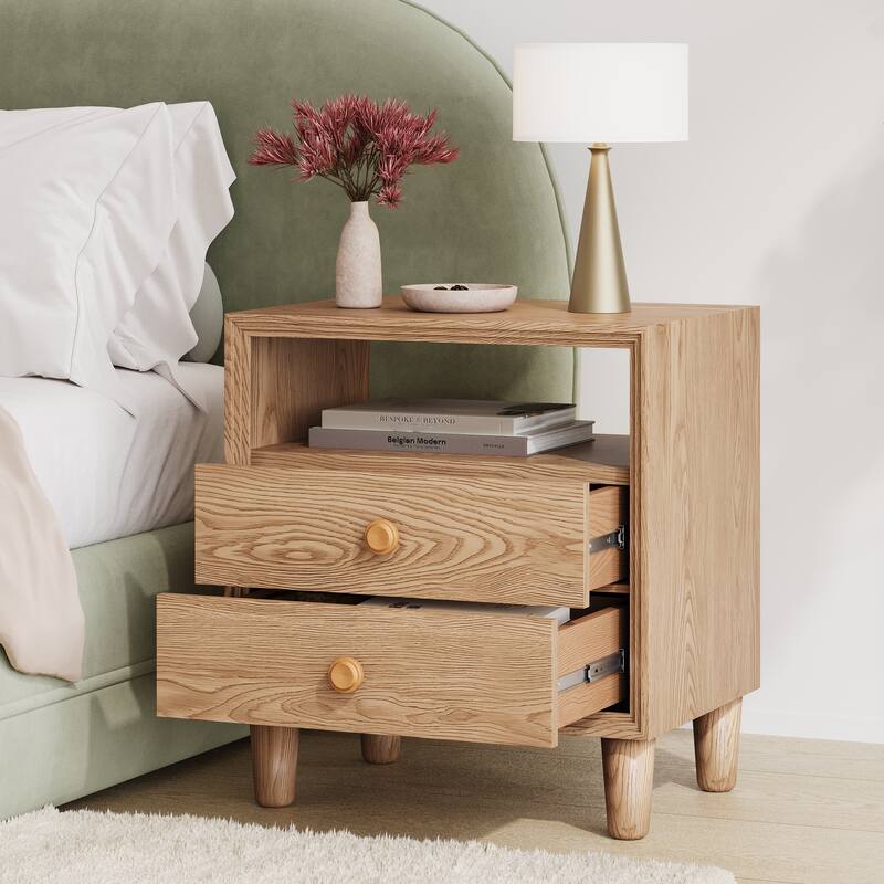 Christopher Knight Home - Modern Wood Nightstand with Open Shelf and 2 Drawers - Natural