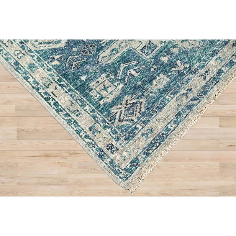 Hand Knotted Turkish Oushak Turquoise Arts & Crafts Wool Area Rug