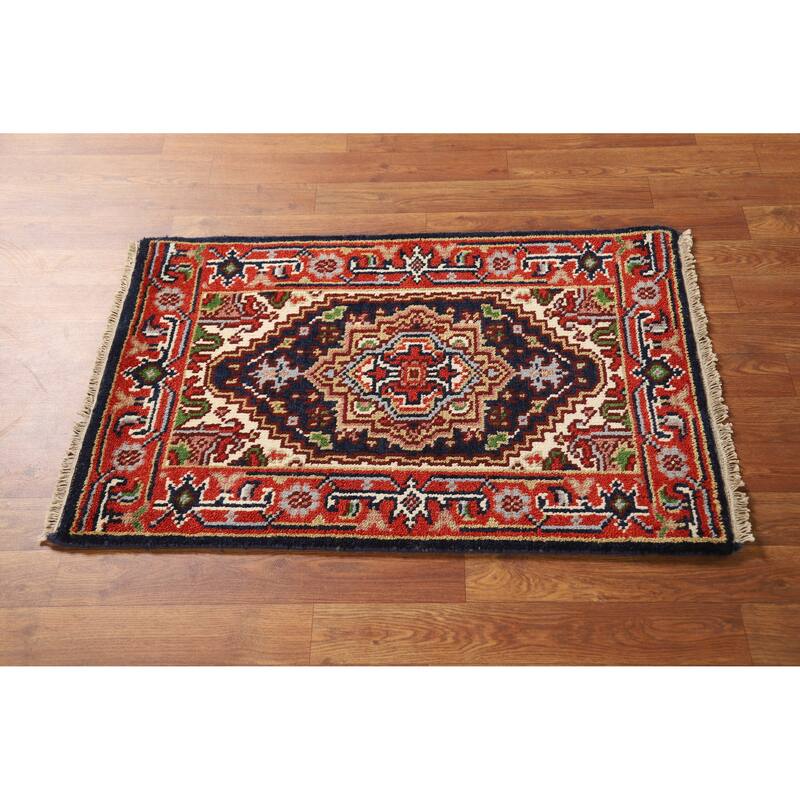 Hand Knotted Oriental 100% Wool Carpet Traditional Medallion Navy Blue & Blues Heriz (serapi) Area Rug - 3' 0'' X 2' 0''
