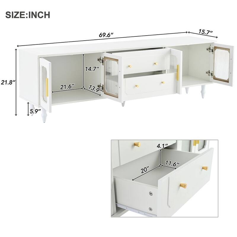 Retro Design TV Stand with Fluted Glass Doors and Adjustable Shelves for TVs Up to 78''