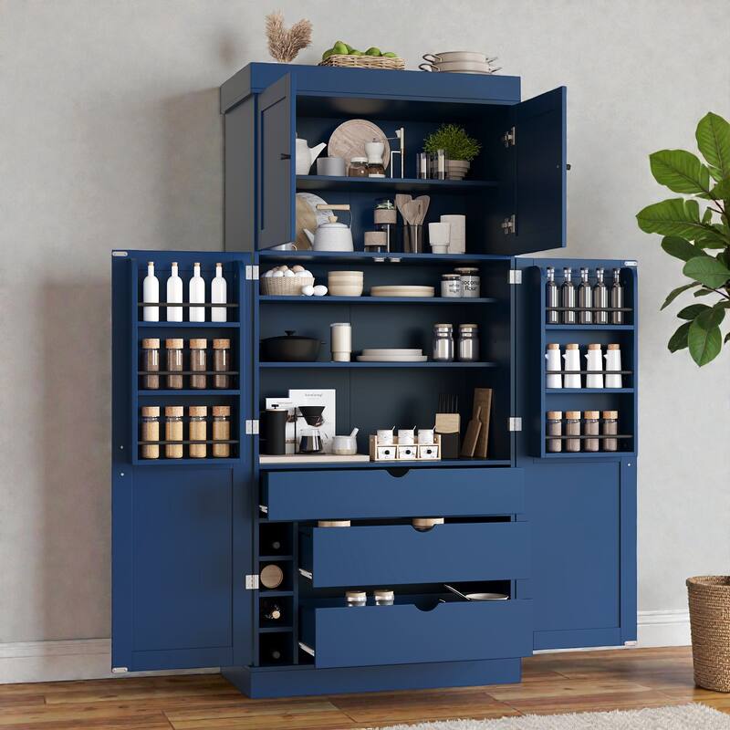 77 Inch Tall Kitchen Pantry Cabinet, Shaker Style Storage with Adjustable Shelves, Drawers, Door Shelves and Wine Racks