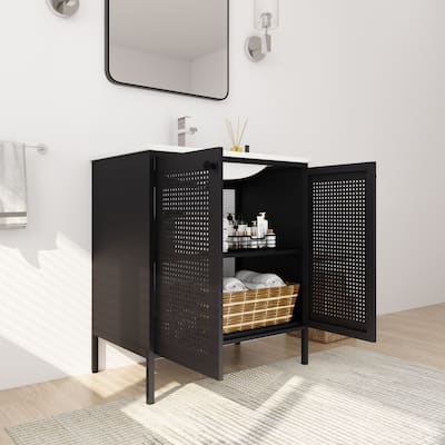30-Inch Modern Freestanding Bathroom Vanity with Ceramic Sink, Cold-Rolled Steel Frame, Adjustable Shelves - 30in L Steel