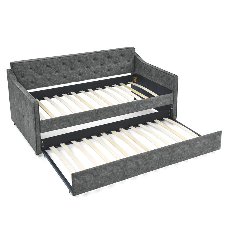 Grey Upholstered Tufted Sofa Bed Twin Size Daybed with Trundle