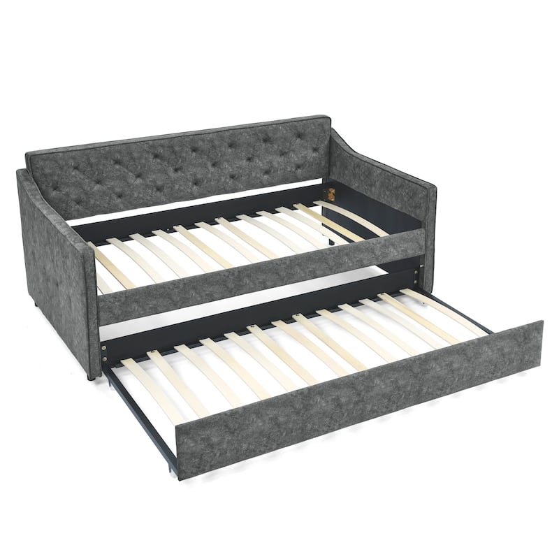 Twin Size Daybed with Twin Size Trundle Upholstered Tufted Sofa Bed, Waved Shape Arms, Grey (80.5"x44.5"x33.5")