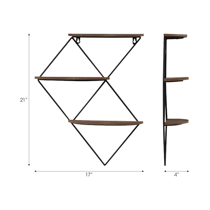 Metal Wood 3-tier Diamond Wall Shelf - Brown, 21" - 21.0"