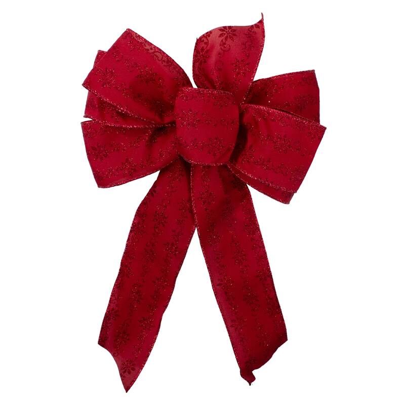 Glittered Poinsettia 6-Loop Christmas Bow Decoration - 9" x 14" - Red - 9" x 14"