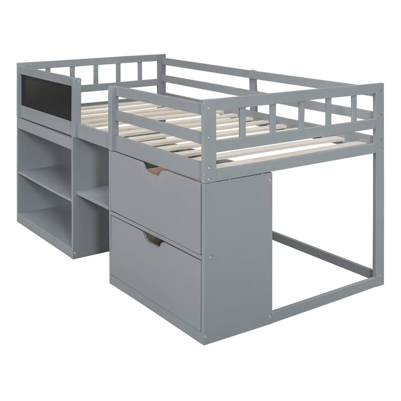 Twin Size Low Loft Bed with Rolling Desk, Shelf, and Drawers in Gray