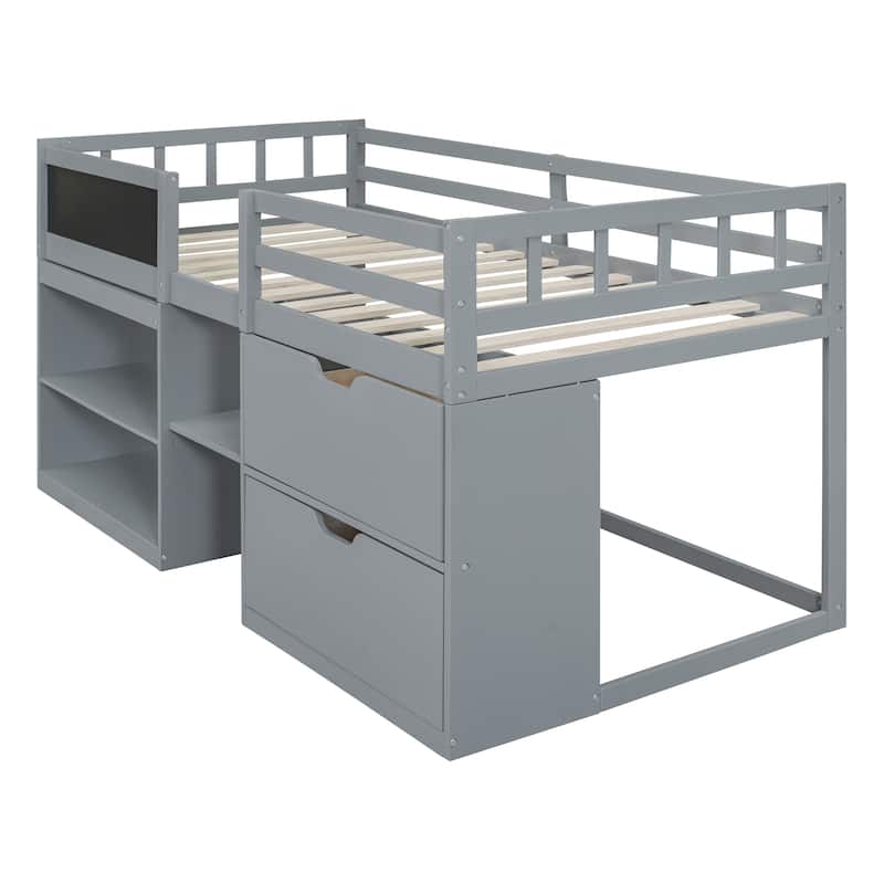 Twin Size Low Loft Bed with Rolling Desk, Shelf and Drawers - Espresso